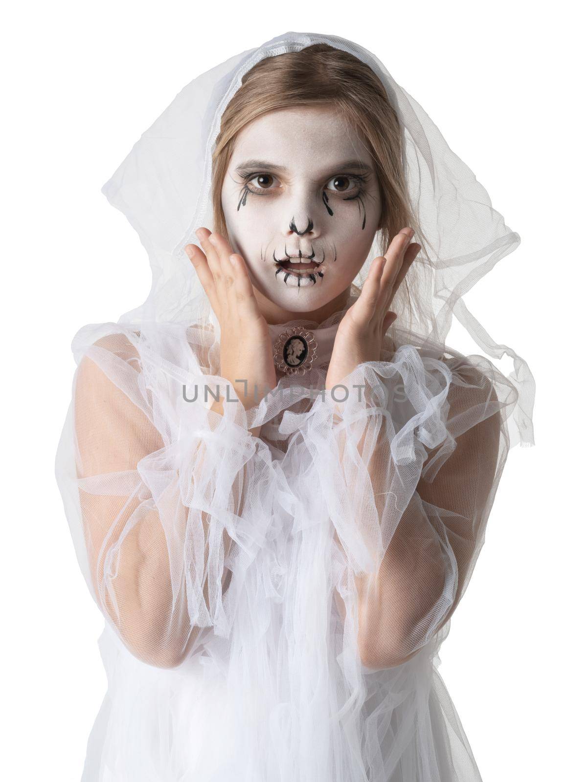 Scared Little girl in Halloween ghost costume studio isolated on white background