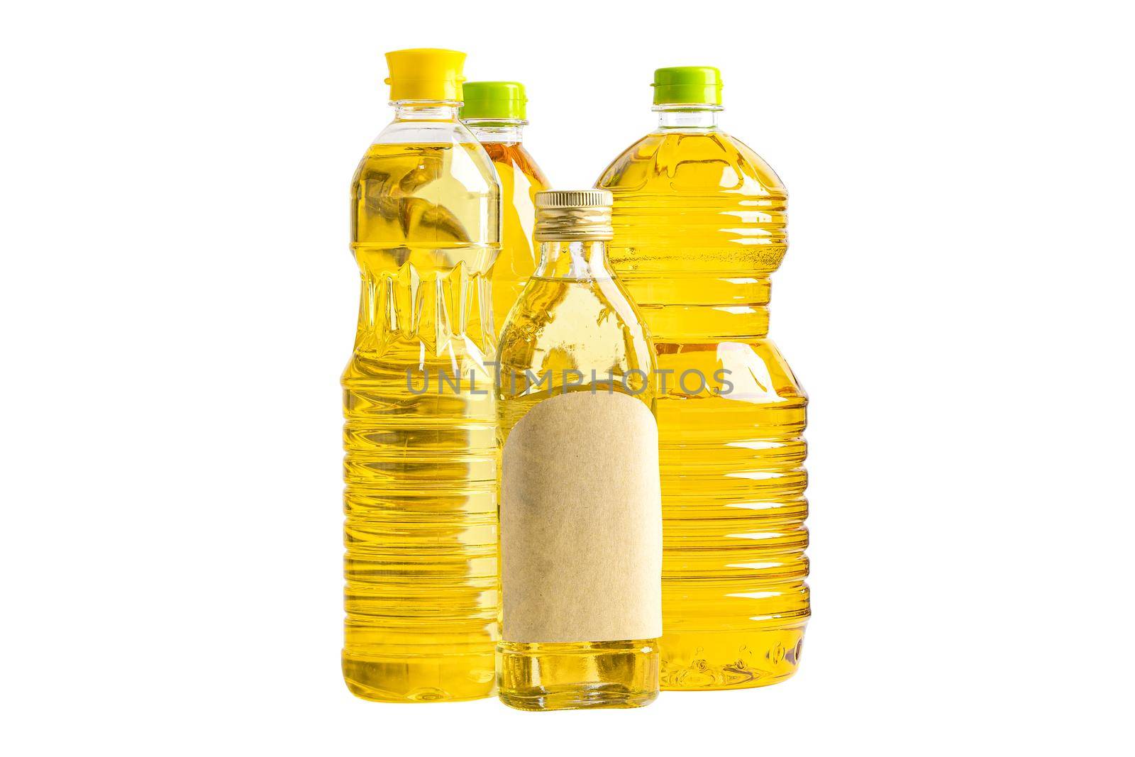 Vegetable oil with olive oil in different bottle for cooking isolated on white background with clipping path.