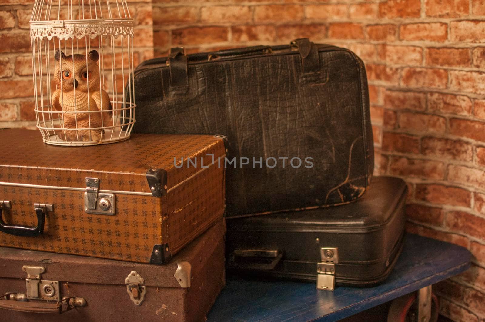 Vintage old leather luggage displays. Travel concept. by inxti