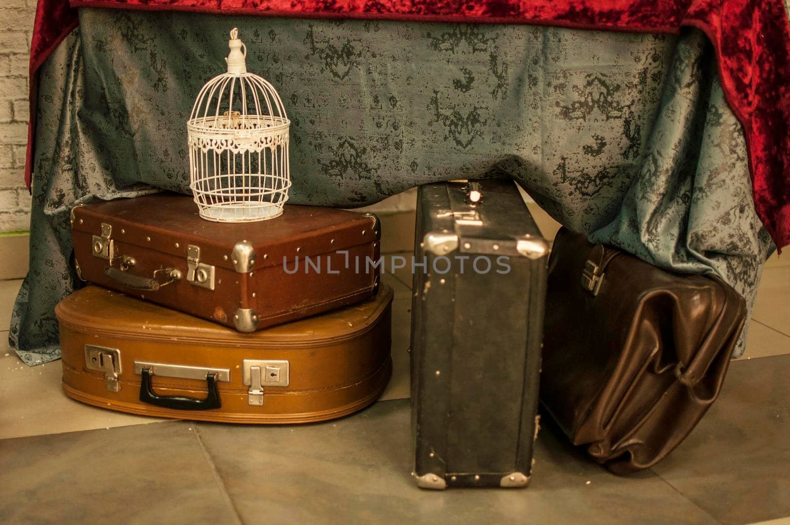Vintage old leather luggage displays. Travel concept. by inxti