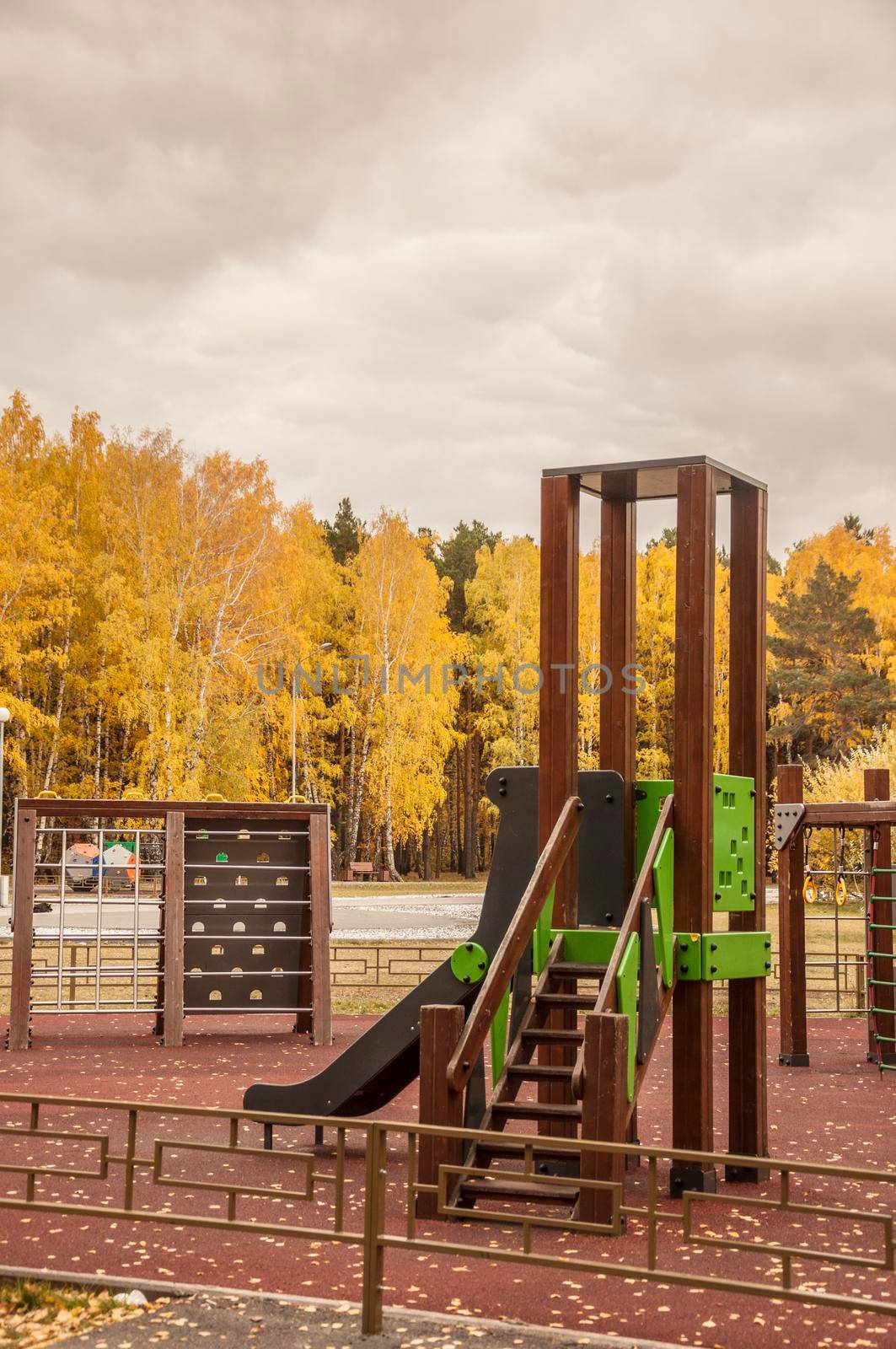 Empty playground with fallen autumn leaves on the floor.