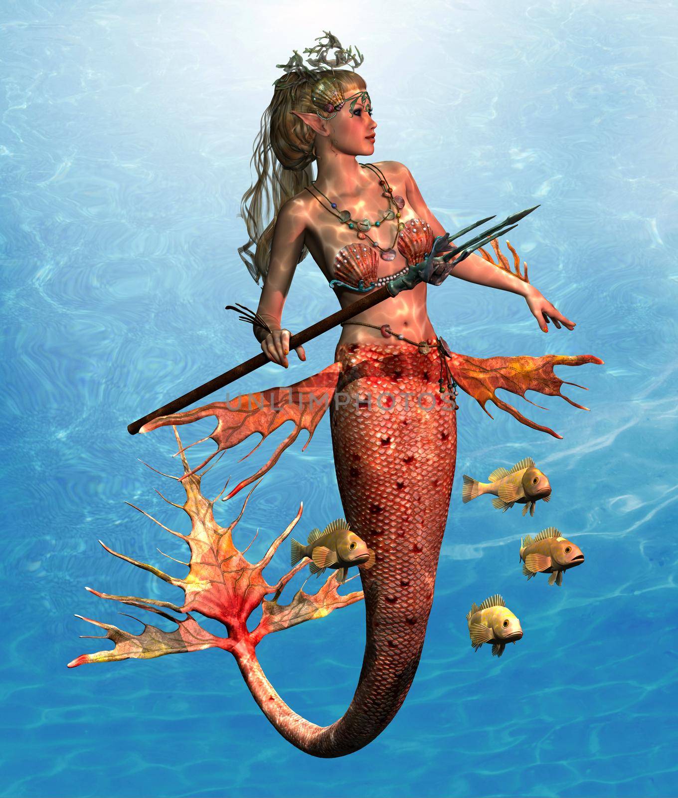 Canary Rockfish swim with Ariel holding a trident who is Triton's favorite daughter.