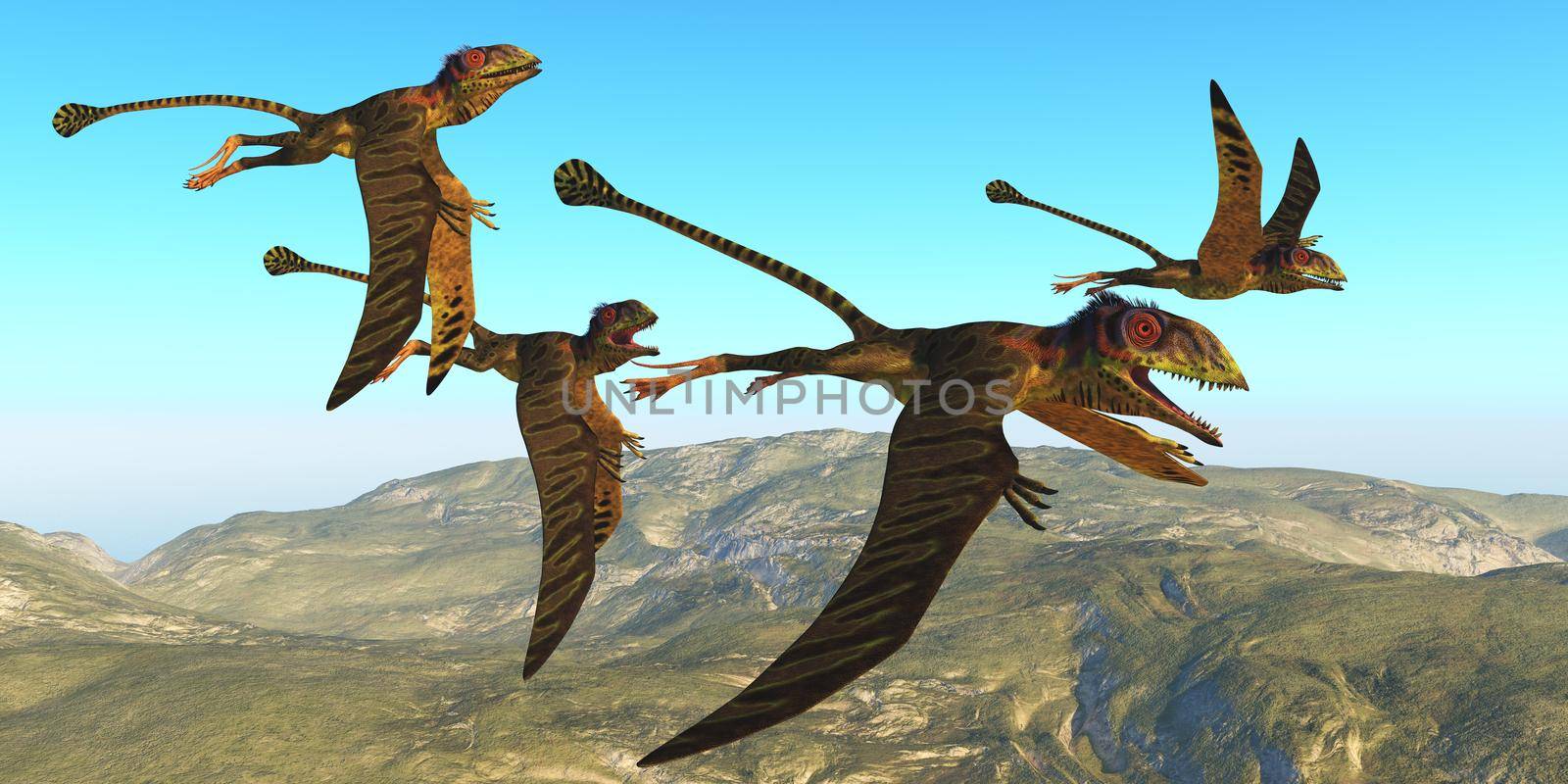 A flock of Peteinosaurus reptiles fly over a mountainous landscape during the Triassic Age of Italy.