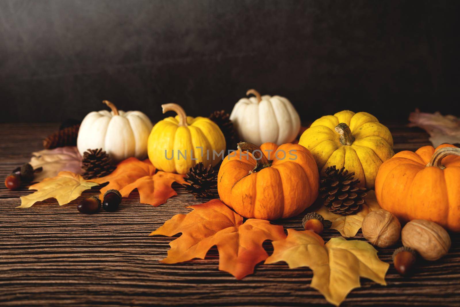 Happy Thanksgiving Day with pumpkin and nut on wooden table