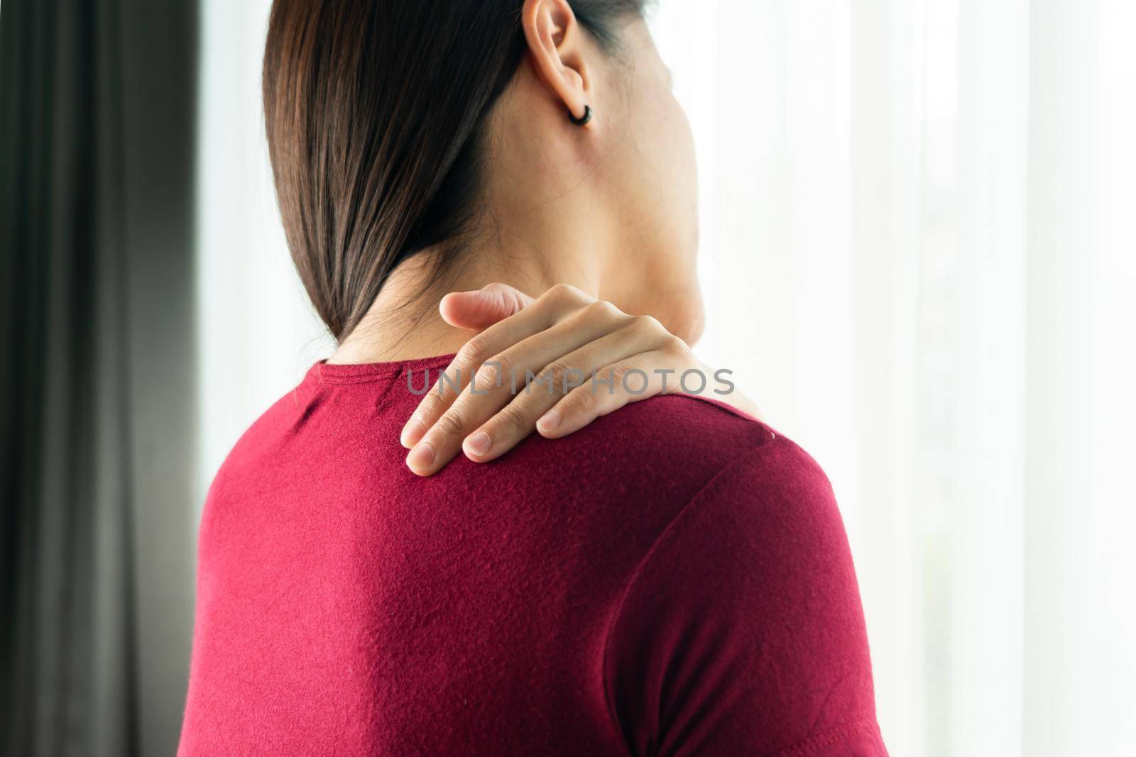 young women neck and shoulder pain injury, healthcare and medical concept by psodaz