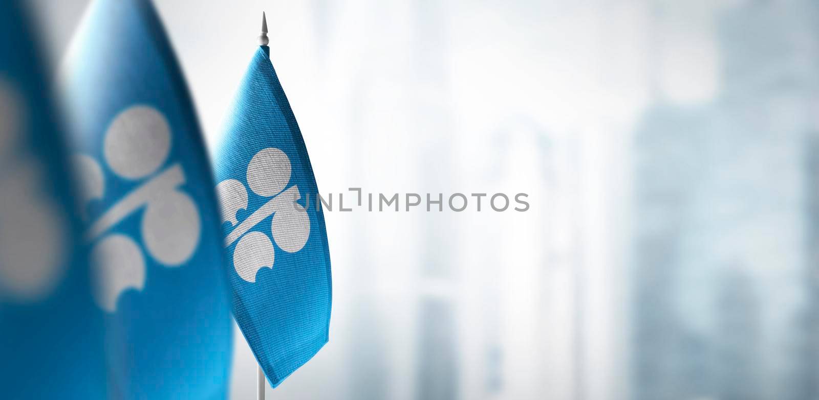Small flags of Organization of the Petroleum Exporting Countries on a blurry background of the city.