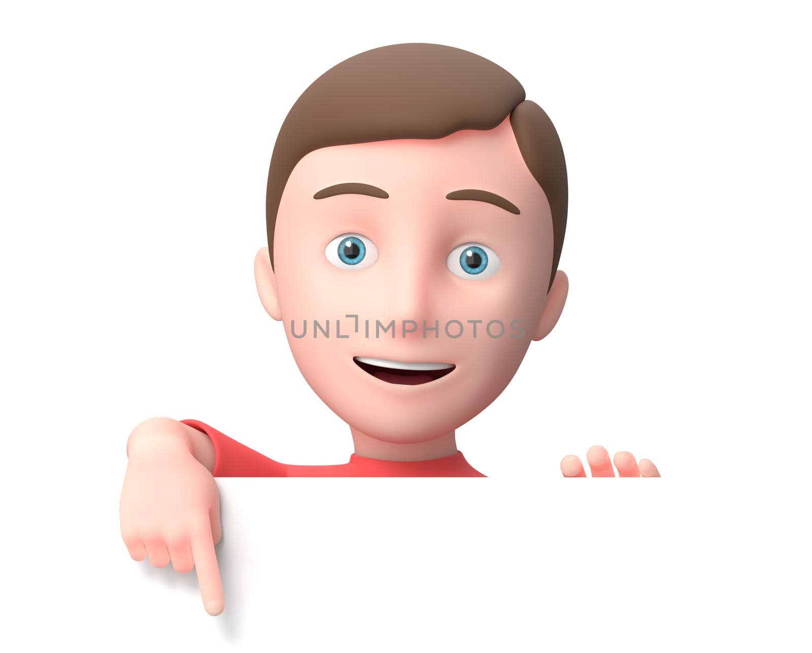 Young Boy Pointing a White Blank Poster. 3D Cartoon Character. by make
