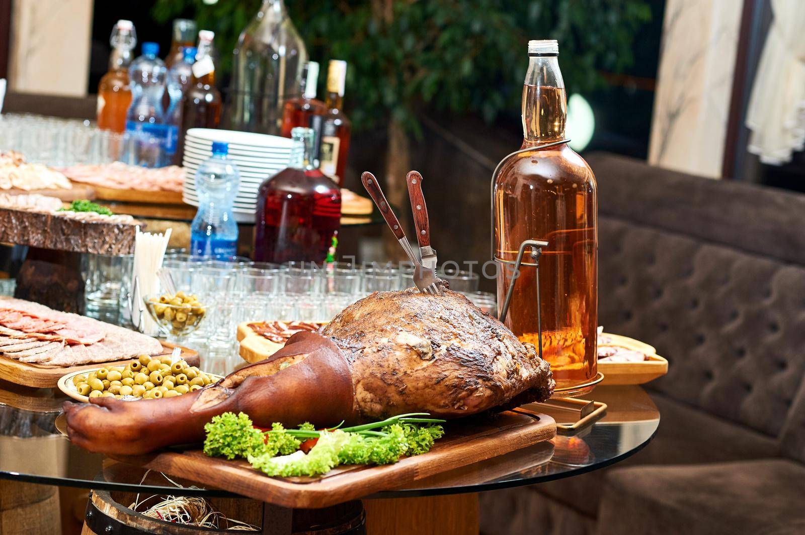 Smoked pork served with excellent alcohol whiskey cognac celebration eating food meat concept.