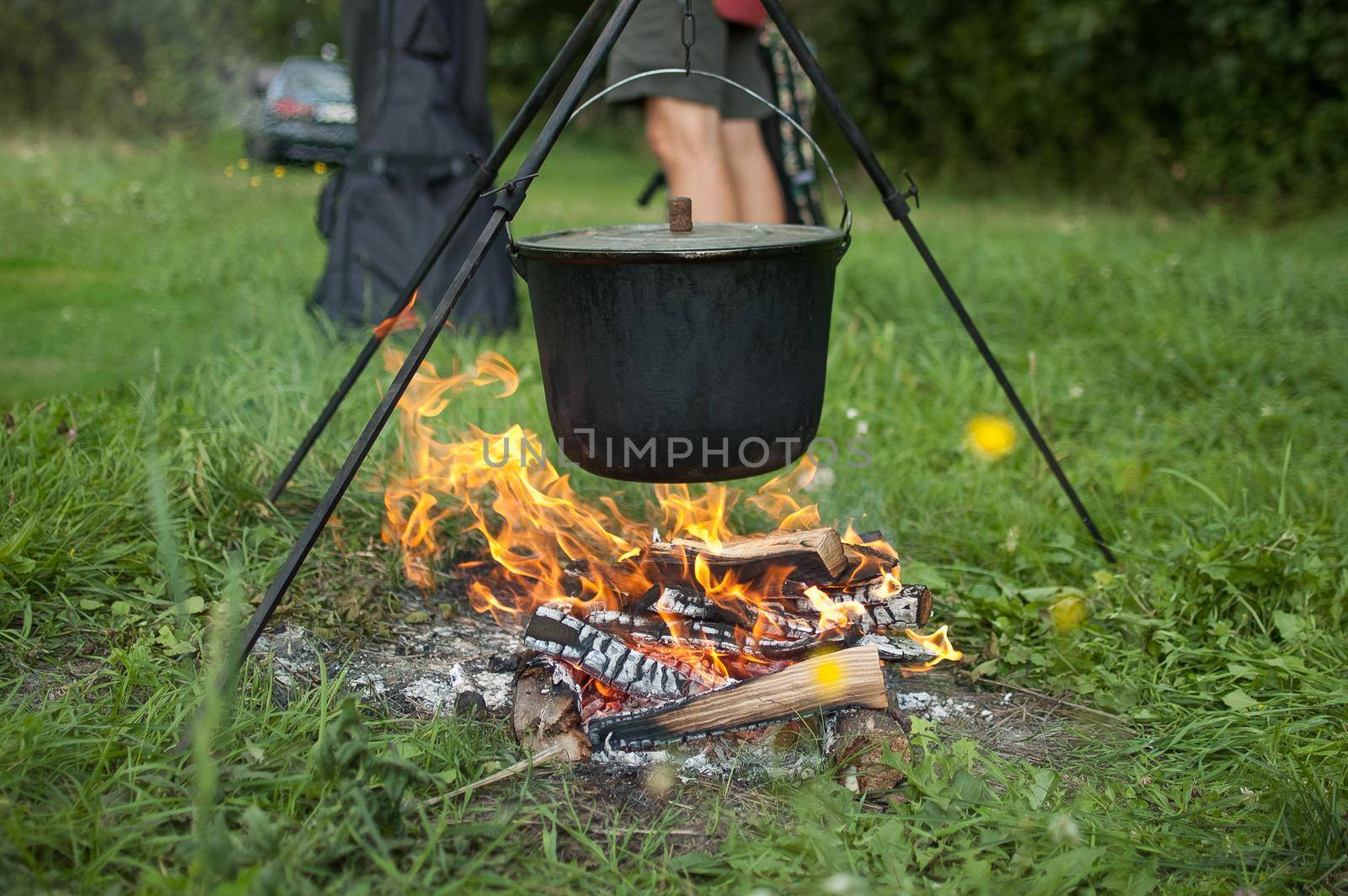 Dark big pot or cauldron, cooking pan with boiling water inside above the fire somewhere in the park or mountains, camping concept by balinska_lv