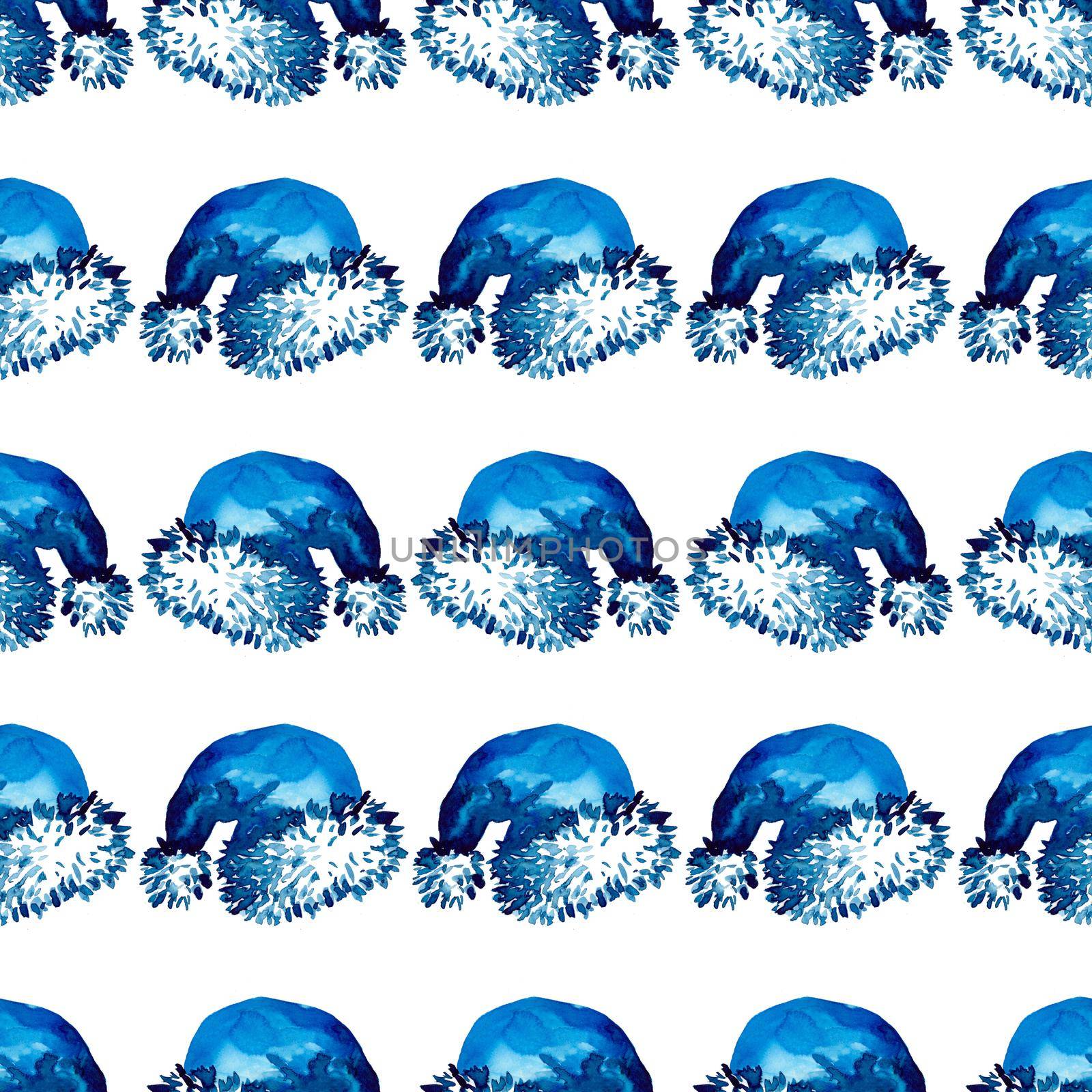 XMAS watercolor Santa Claus Hat Seamless Pattern in Blue Color. Hand PaintedCap Costume background or wallpaper for Ornament, Wrapping or Christmas Gift by DesignAB