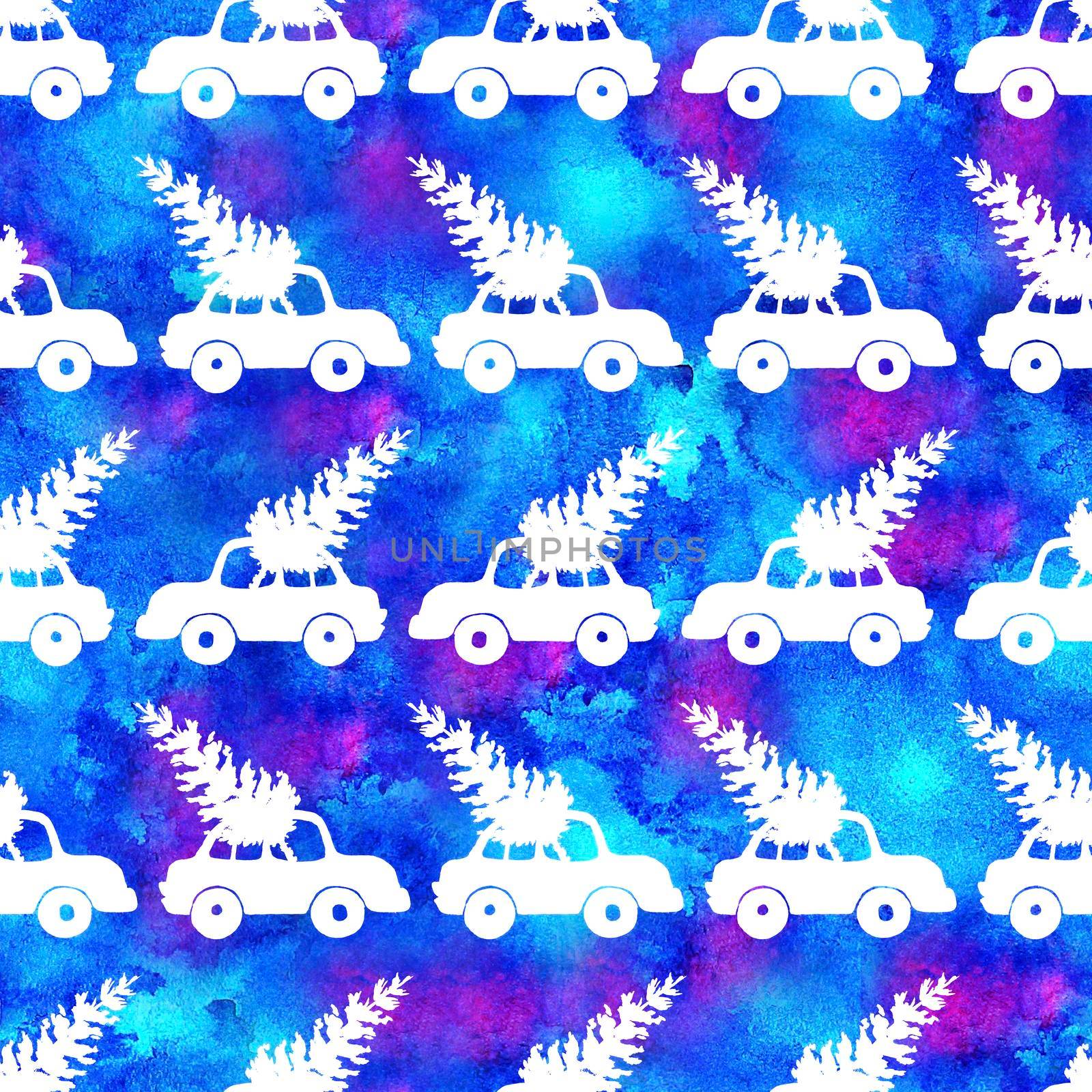 XMAS watercolor Pine Tree and Car Seamless Pattern in Blue Color. Hand Painted fir tree background or wallpaper for Ornament, Wrapping or Christmas Gift by DesignAB