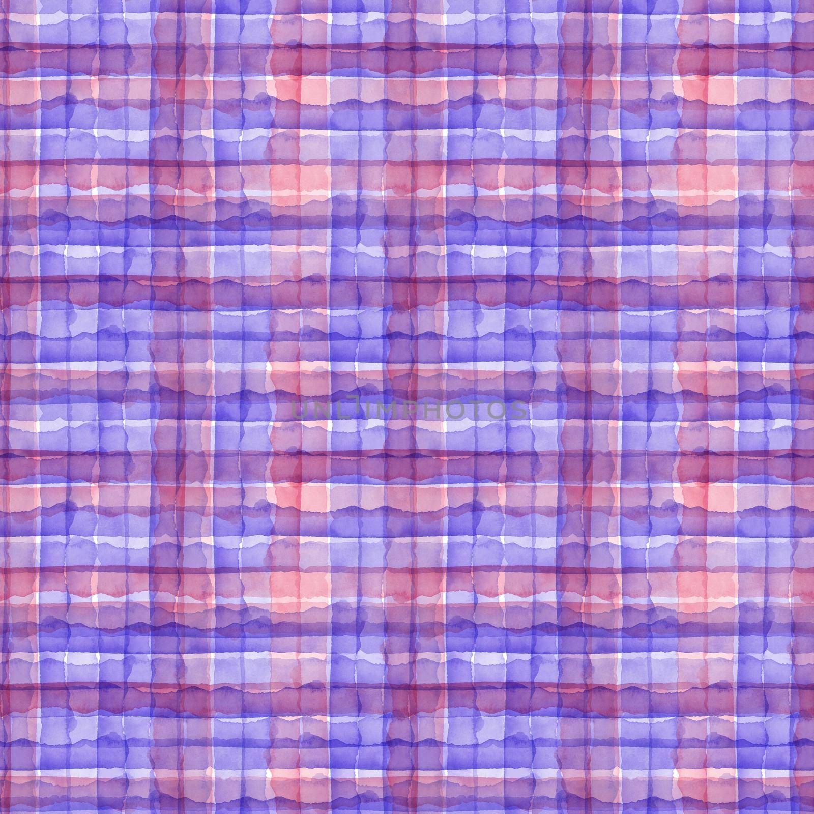 Watercolor Pink Violet Check Seamless Pattern. Simple Plaid Fabric Background. Hand Painted Simple Design with Stripes