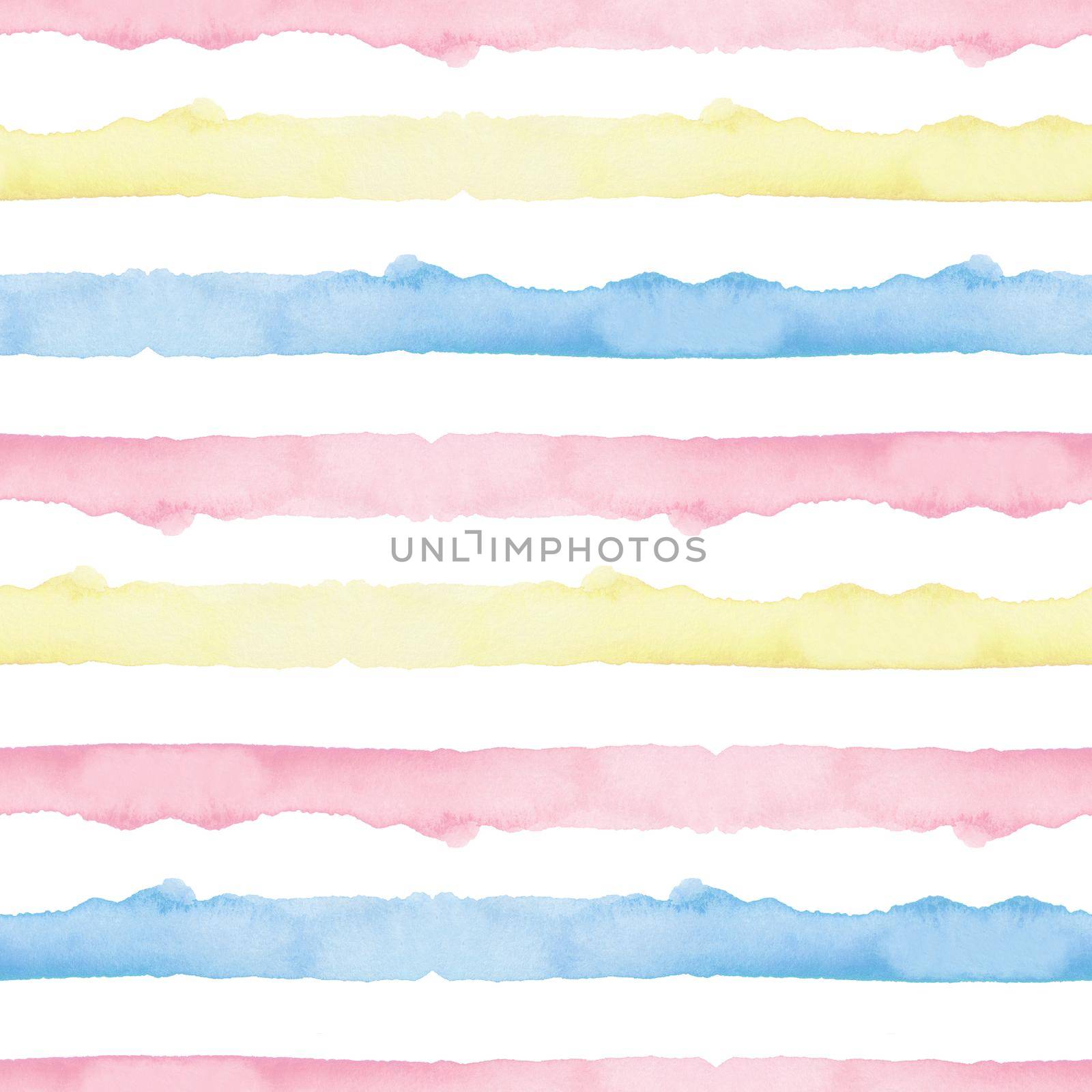 Watercolor Abstract Yellow Pink Blue Stripes Background. Cool Seamless Pattern for Fabric Textile and Paper. Simple Hand Painted Stripe.