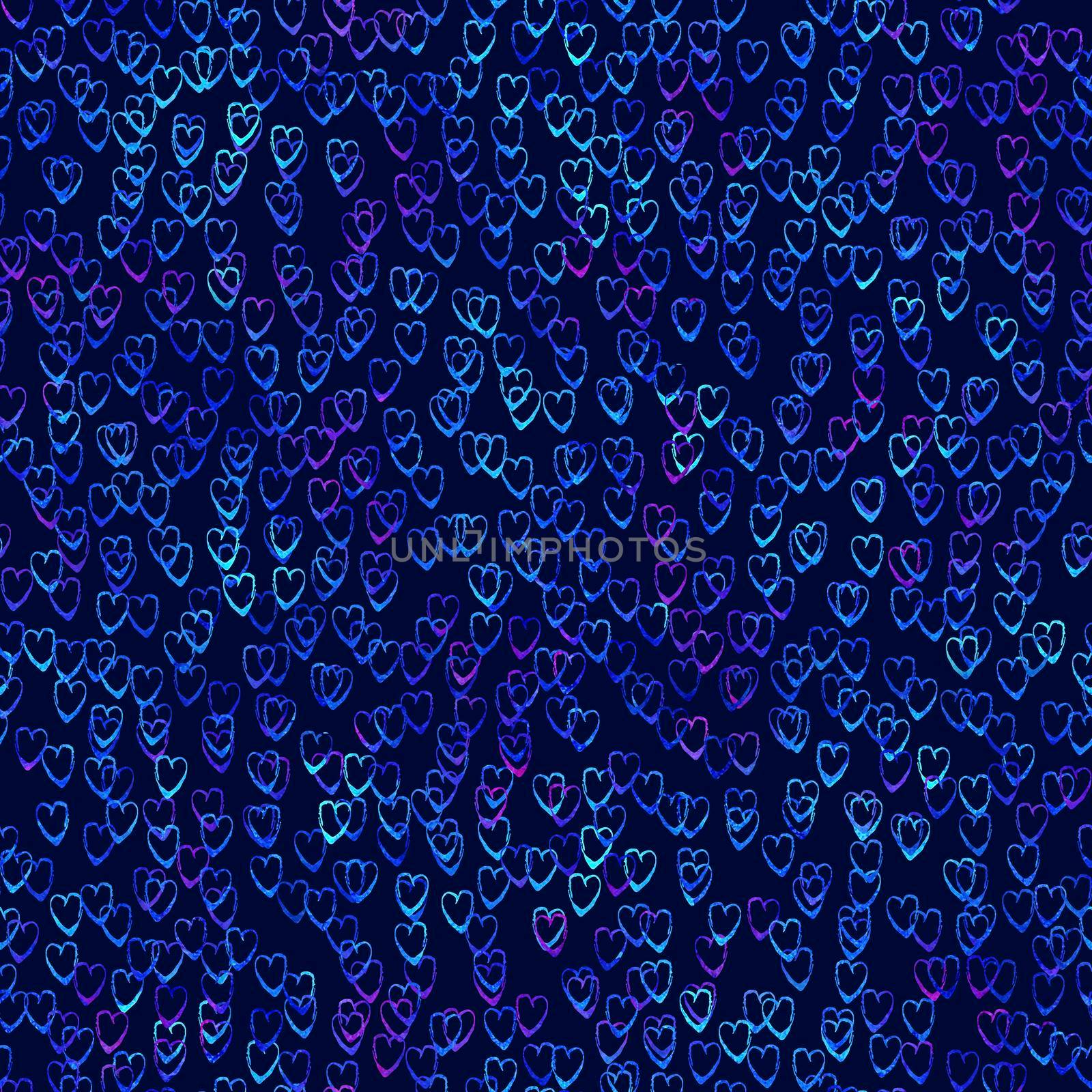 Watercolor Brush Heart Seamless Pattern Love Grange Hand Painted Design in Blue Color. Modern Grung Collage Background for kids fabric and textile.