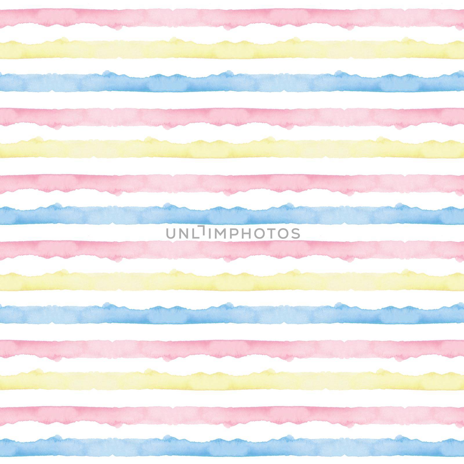 Watercolor Abstract Yellow Pink Blue Stripes Background. Cool Seamless Pattern for Fabric Textile and Paper. Simple Hand Painted Stripe.