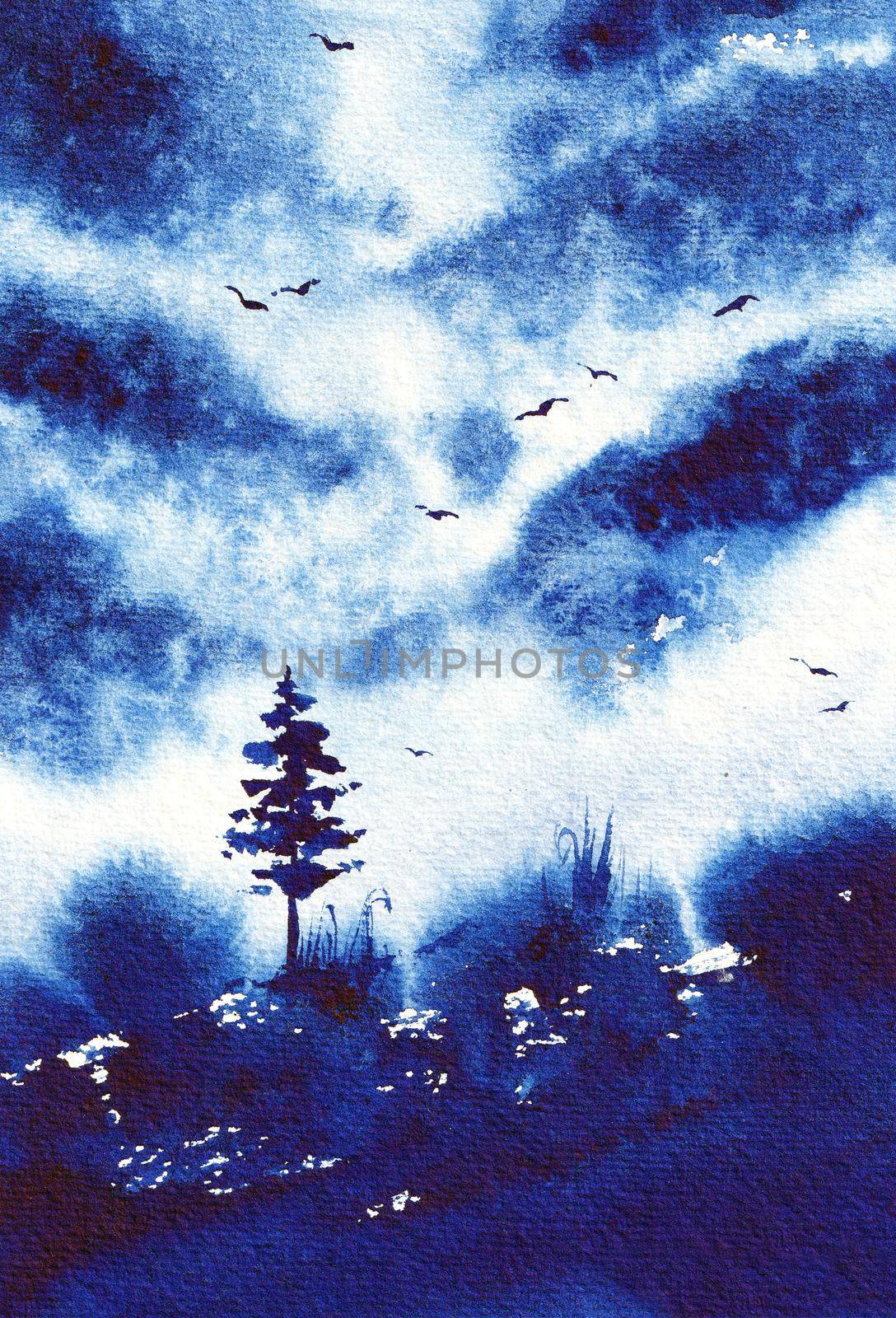 Watercolor Landscape Painting Sky Tree Original Art can be used for Background Print and Wallpaper Design. Nature View with Clouds and Birds. Picture in Blue color by DesignAB