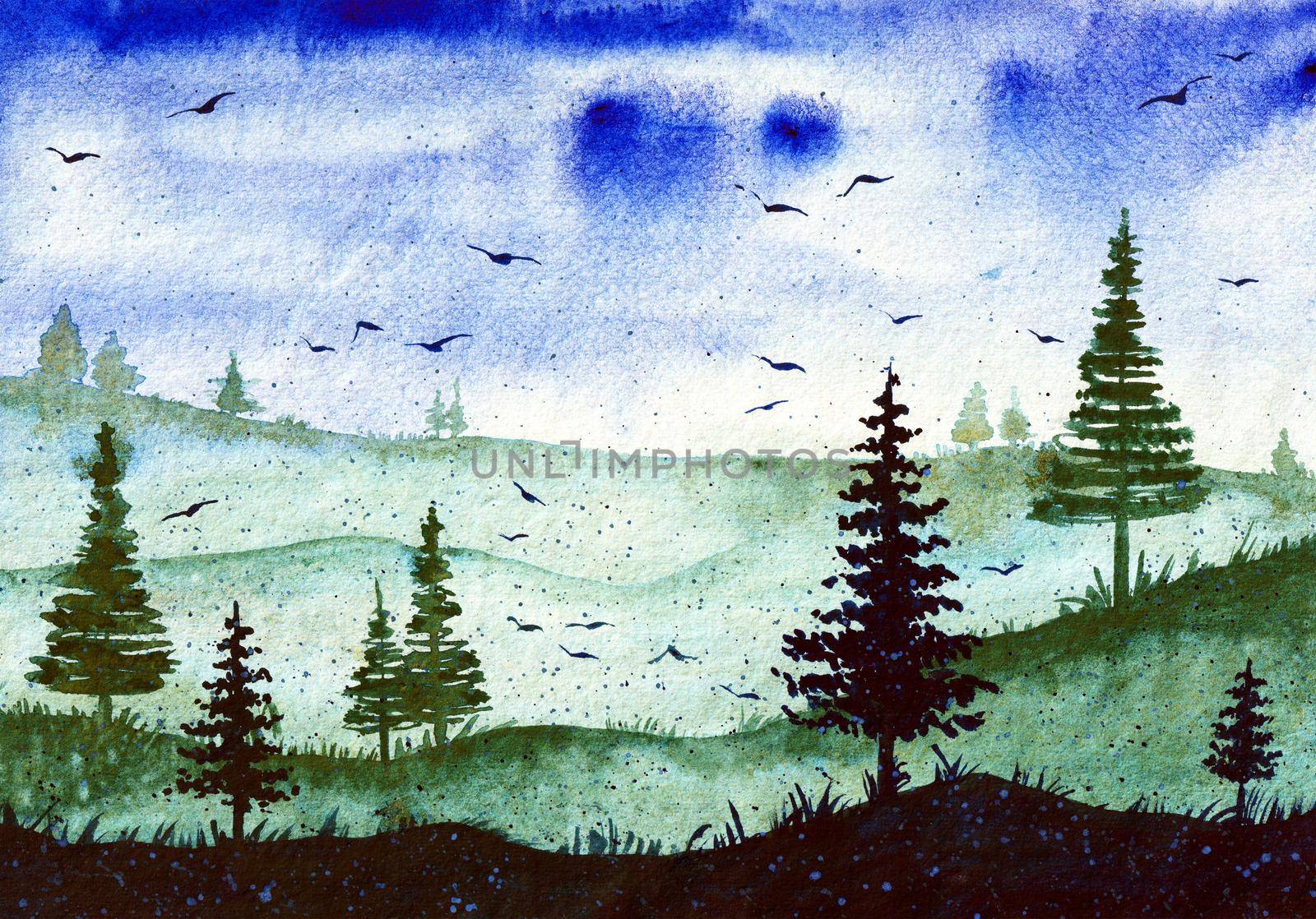 Forest Watercolor Landscape Painting Original Art can be used for Background Print and Wallpaper Design. Nature View with Trees and Sky, Birds. Picture in Green and Blue colors by DesignAB