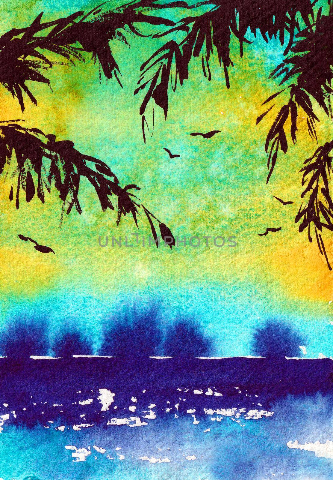 Palm Trees Watercolor Illustration Original Art Sunrise Palm Leaves Artistic Painting at the paper. Sunrise Sea Ocean in Blue and Yellow Colors. Can be used for Wallpaper Print and Background by DesignAB