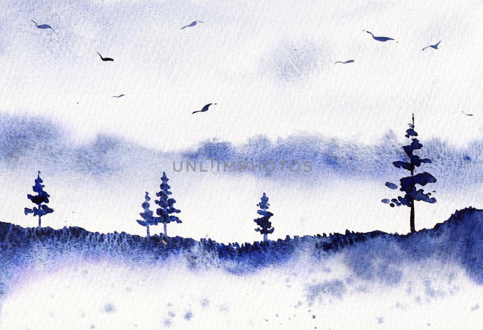 Blue Forest Watercolor Landscape Painting Original Art can be used for Background Print and Wallpaper Design. Nature View with Trees and Sky, Birds. by DesignAB