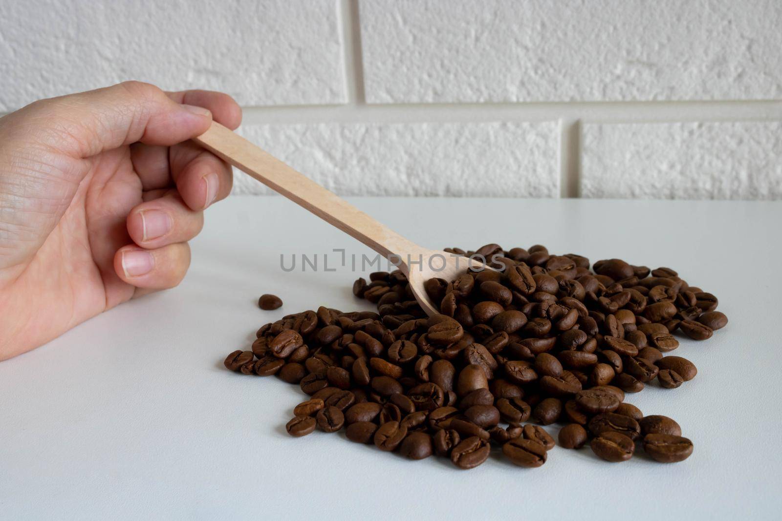 The hand holds a small wooden spoon with coffee beans, for the production of delicious coffee. Whole roasted coffee beans for grinding.