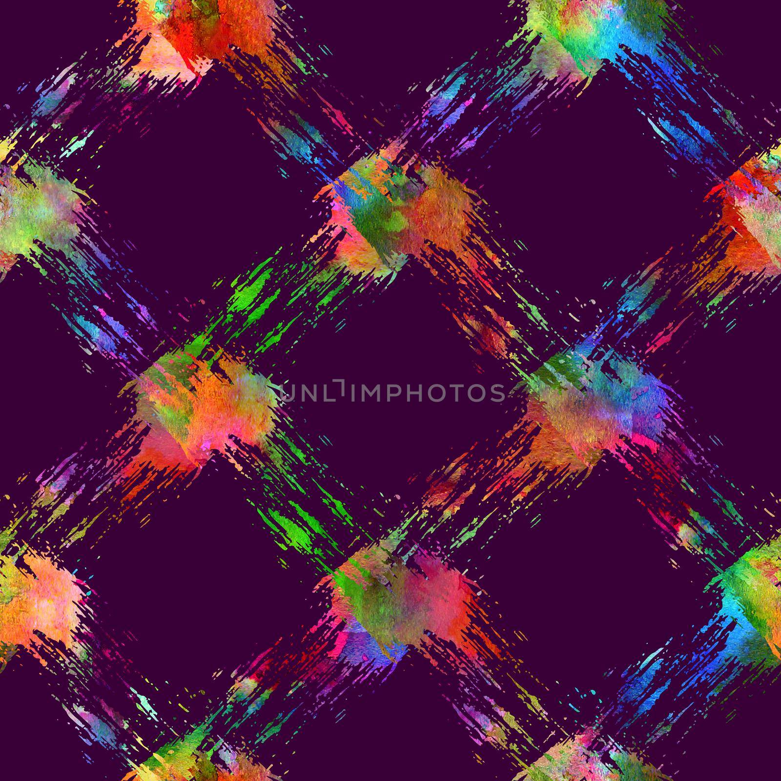 seamless pattern with brush stripe plaid. Rainbow watercolor color on violet background. Drawing native grange texture. Ink geometric elements. Repeat fabric print. Overlay backdrop for cloth. by DesignAB