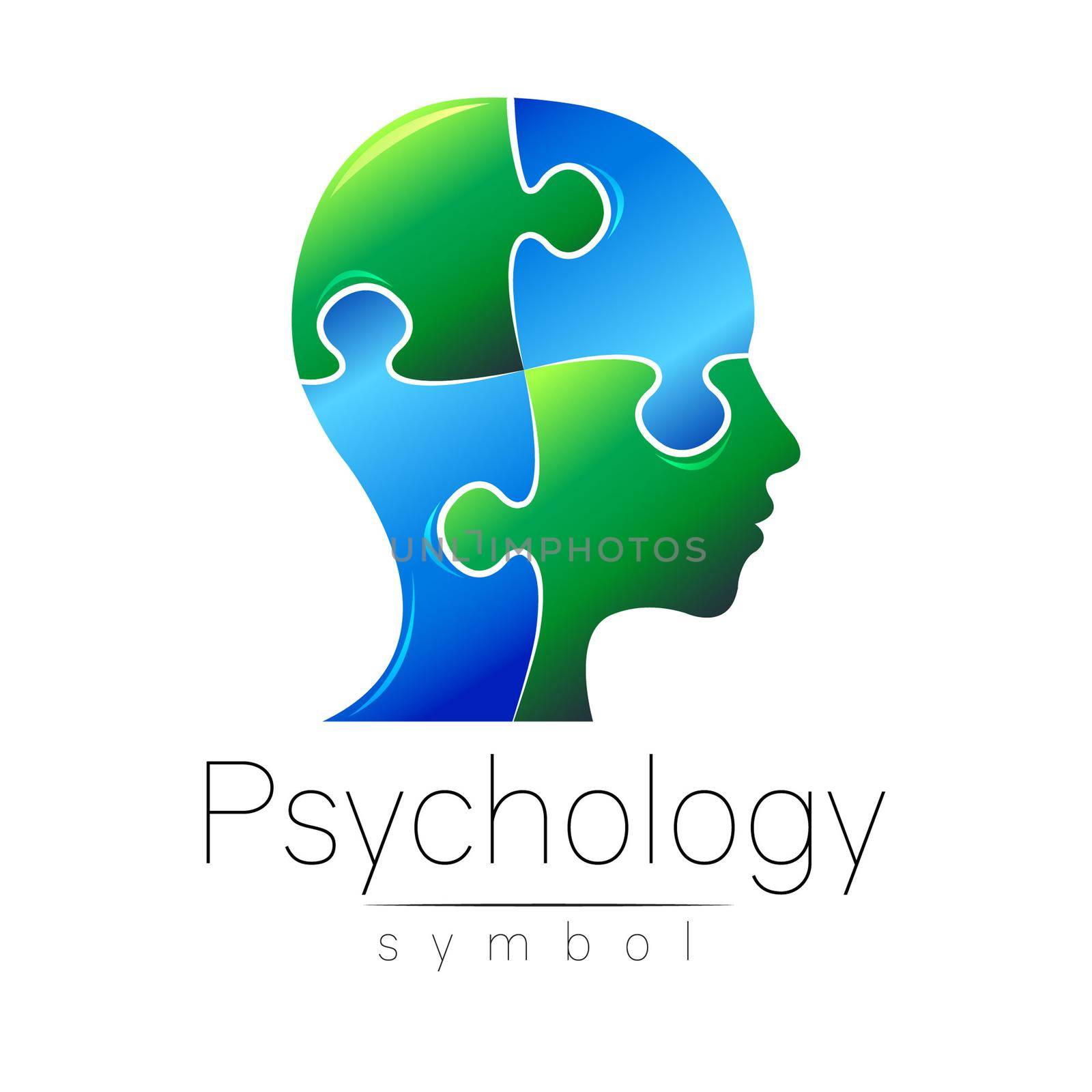 Modern head sign of Psychology. Puzle. Profile Human. Creative style. Symbol in . Design concept. Brand company. Blue green color isolated on white background. Icon for web