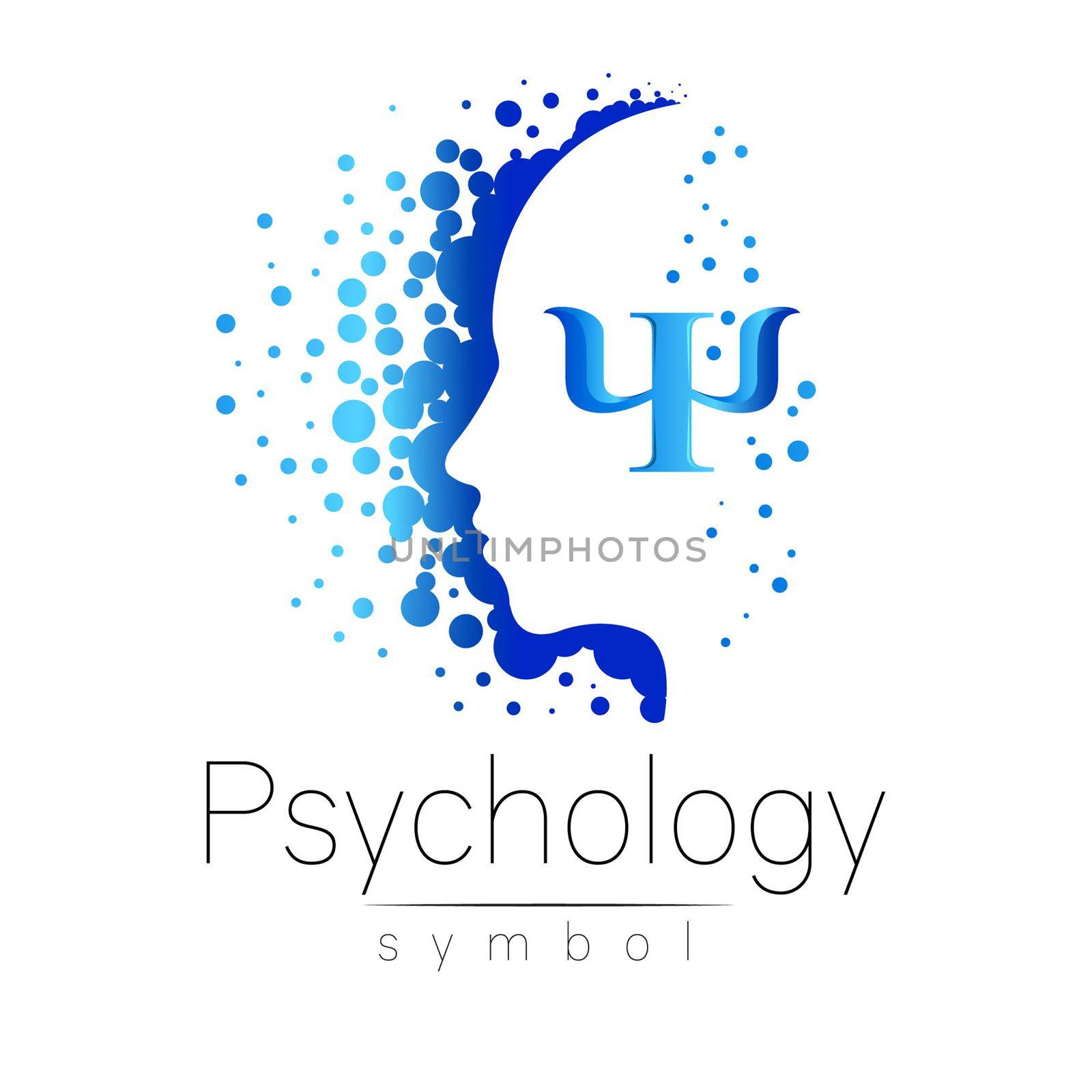 Modern head sign of Psychology. Profile Human. Letter Psi. Creative style. Symbol in . Design concept. Brand company. Blue color isolated on white background. Icon for web