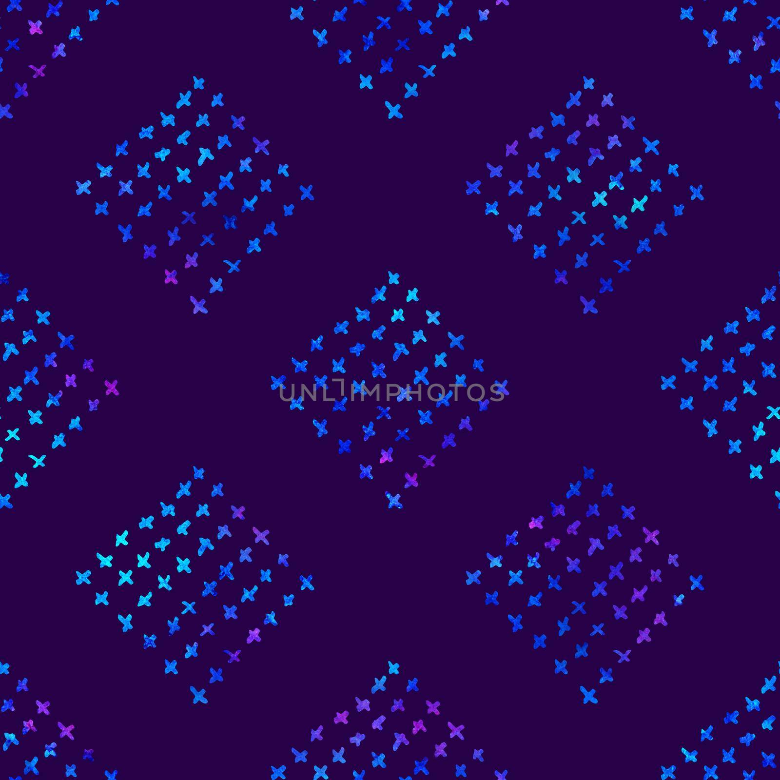seamless pattern with brush doodle and square. Blue watercolor color on violet background. Hand painted grange texture. Plaid geometric elements. Fashion modern style. Endless fabric print. by DesignAB