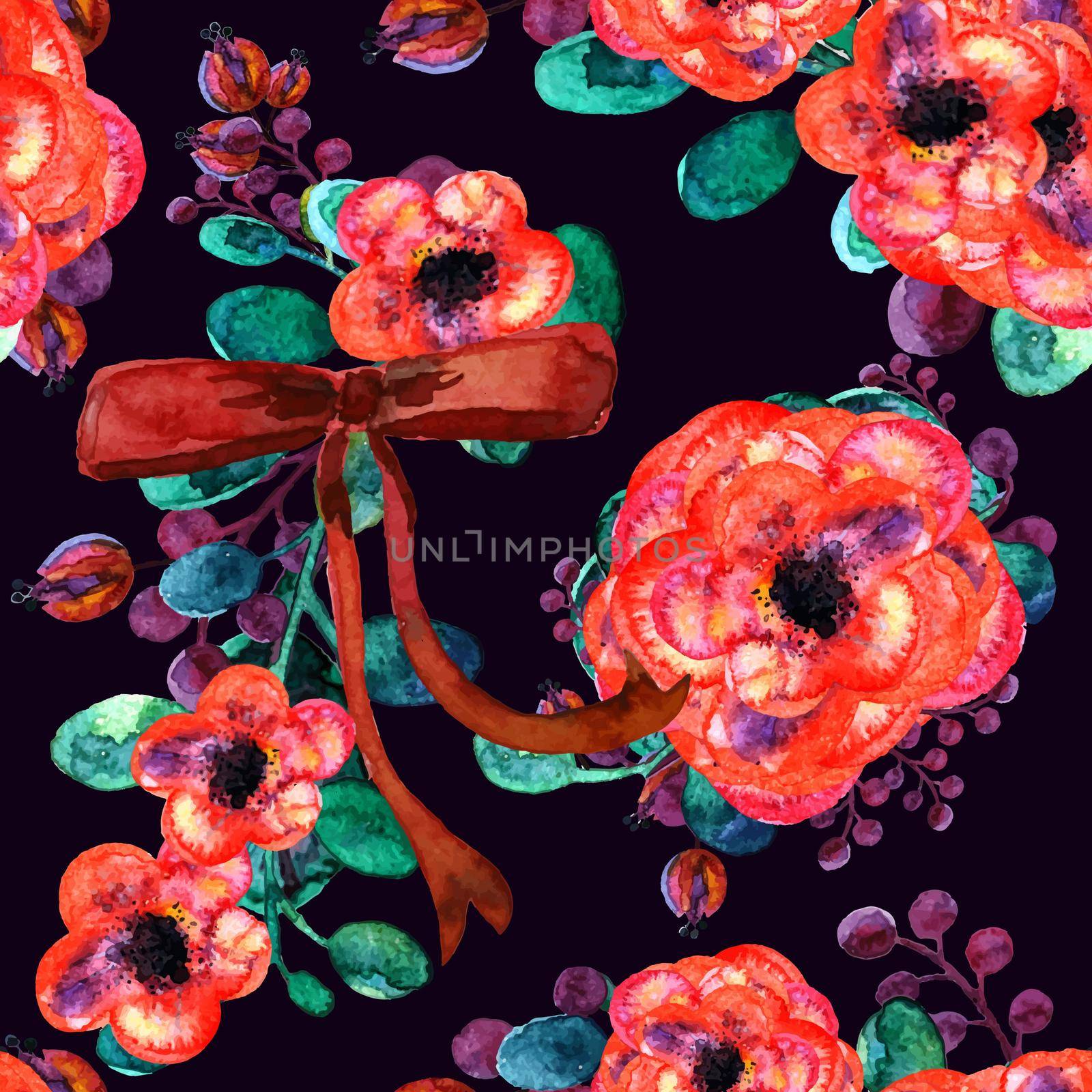 Seamless pattern with bouquets of summer flowers with red bow. Watercolor illustration. On dark background