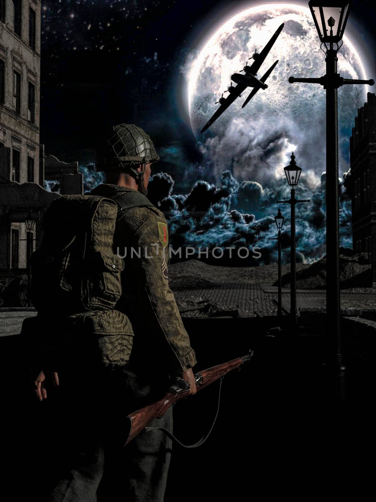 Illustration of a world war 2 daylight battle scene with a US soldier, US airplane and destroyed buildings. Battlefield art background - 3d rendering
