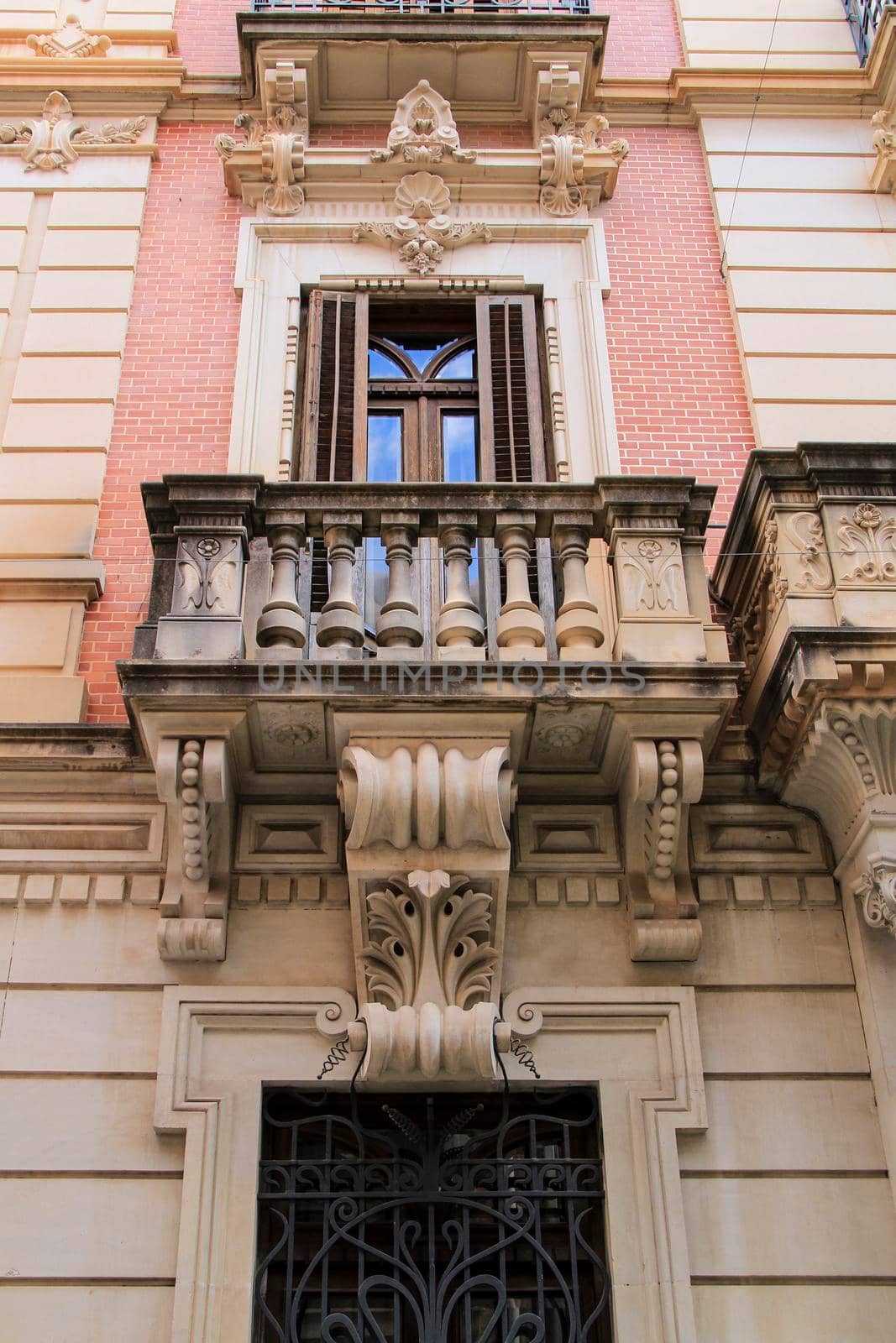 Novelda, Alicante, Spain- September 18, 2021: Old and majestic facade of the Modernist House Museum in Novelda, Alicante on a sunny day of summer