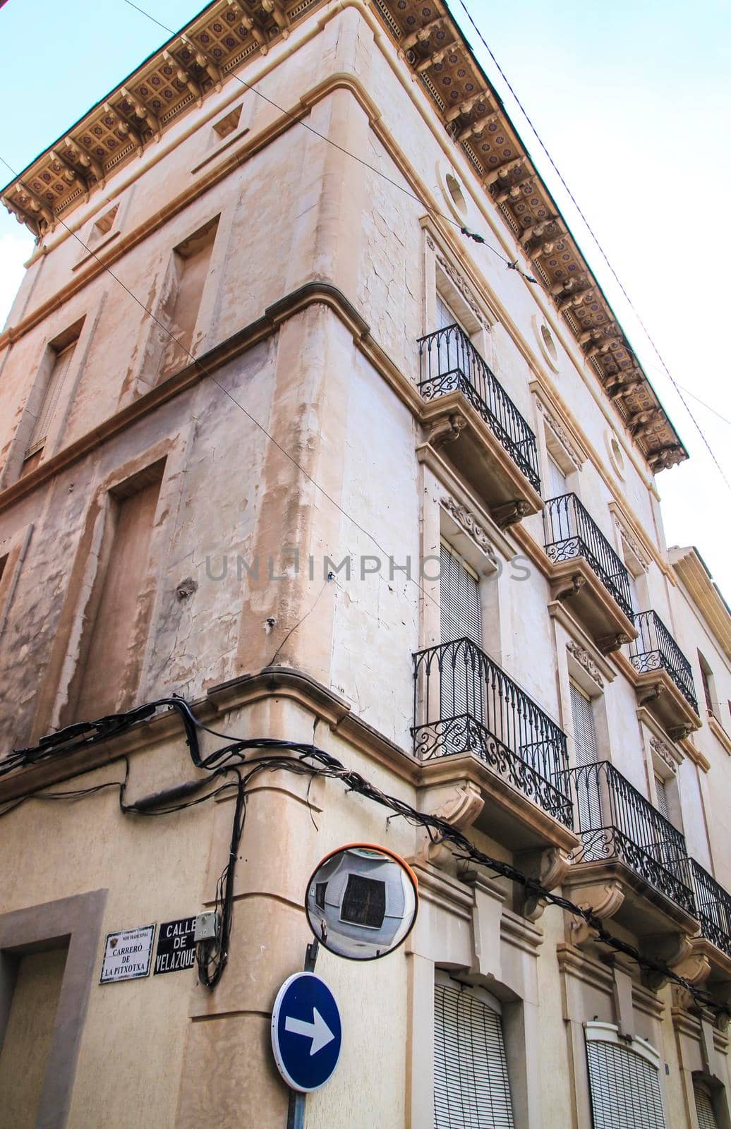 Novelda, Alicante, Spain- September 18, 2021: Old and majestic facades in Novelda, Alicante on a sunny day of summer