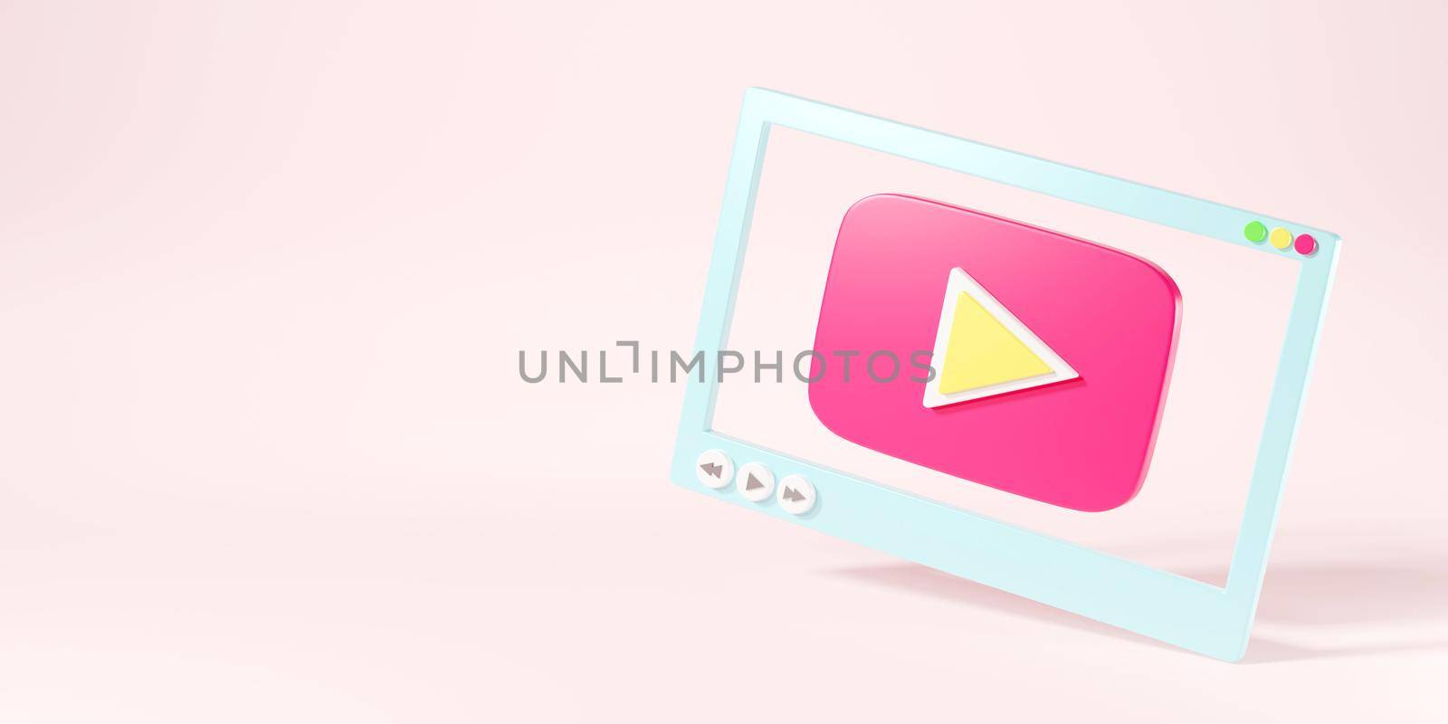Video media player screen interface for social media template for web or mobile apps on pink background, Play movie video online mock up, 3D rendering illustration