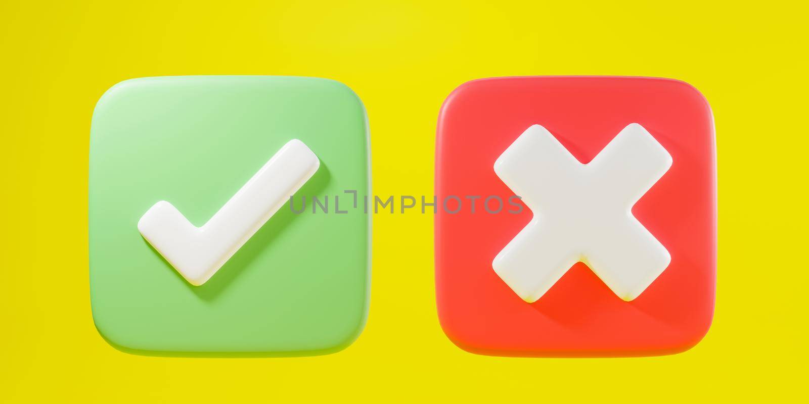 Green tick check mark and cross mark symbols icon element in square, Simple ok yes no graphic design on yellow background, right checkmark symbol accepted and rejected, 3D rendering illustration