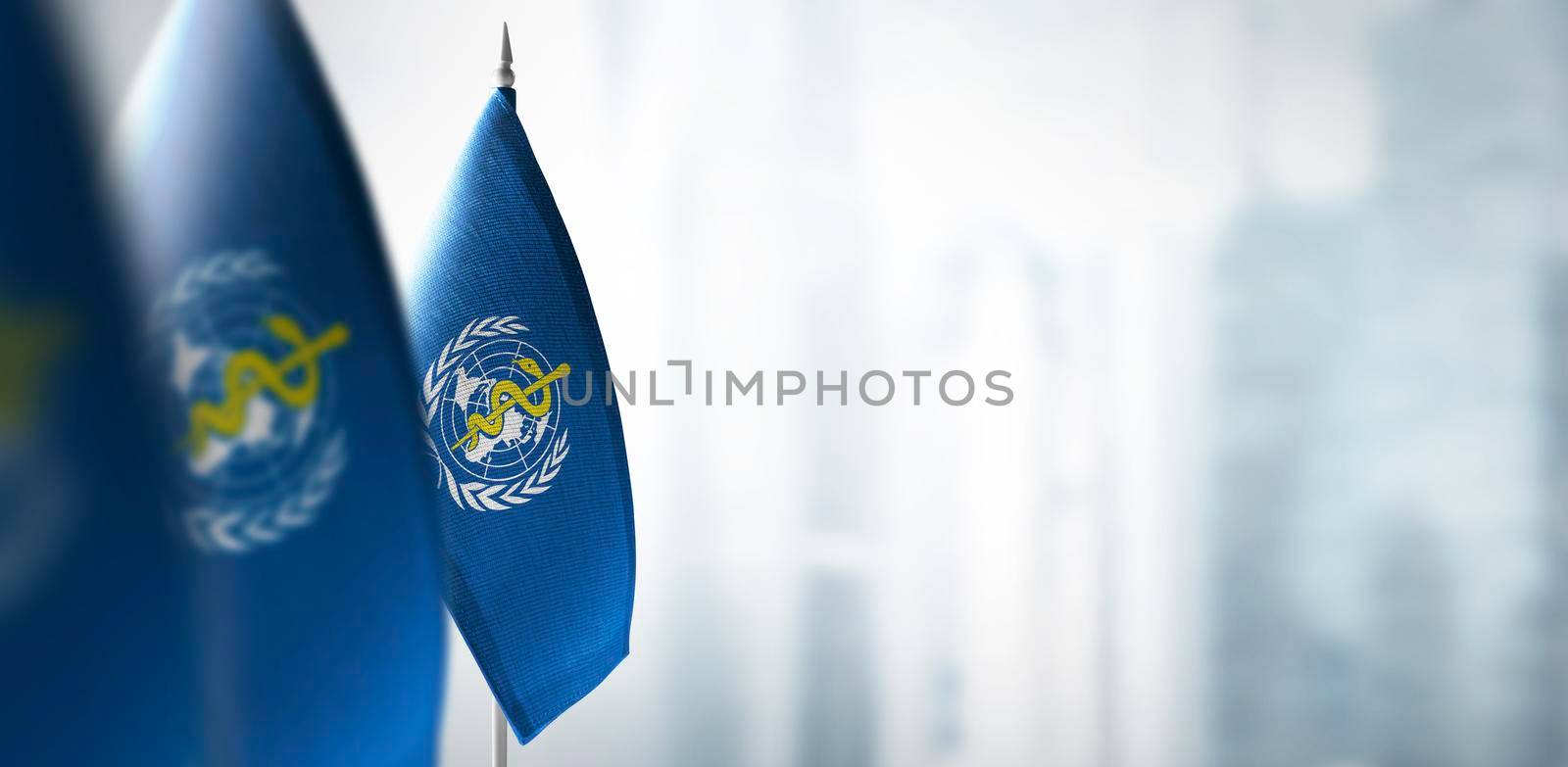 Small flags of World Health Organization WHO on a blurry background of the city by butenkow