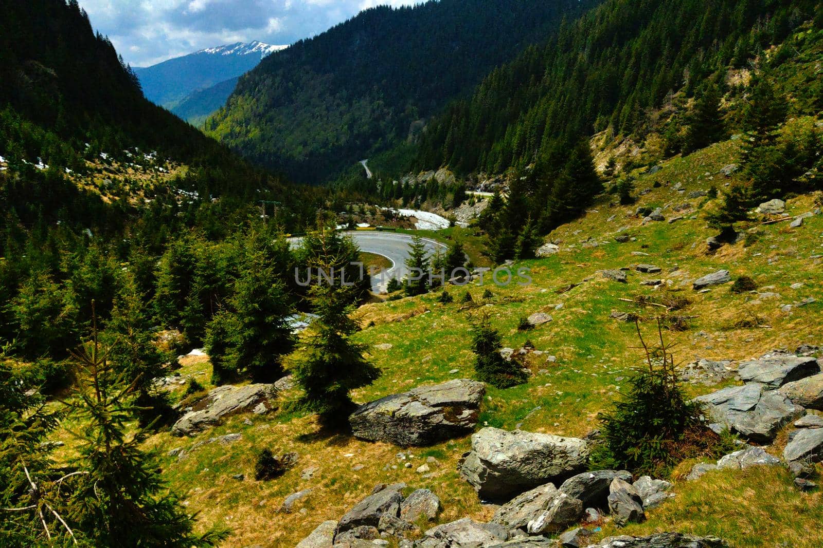 A picturesque mountain road high in the mountains of Romania