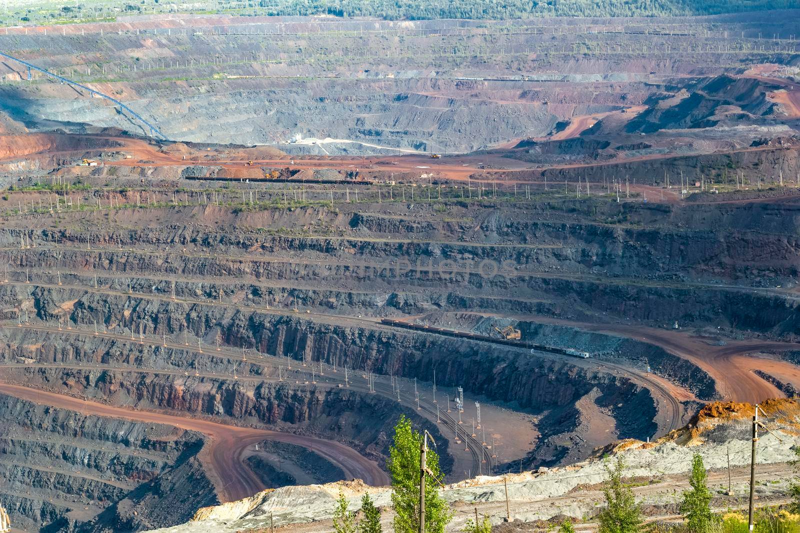 Panorama of large operating mine. Extraction of natural resources. Mineral deposit.