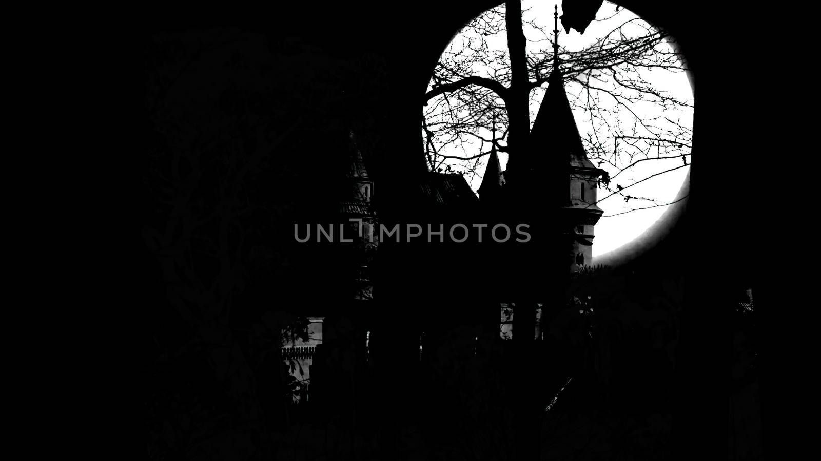 horror 3d illustration of  Mysterious Medieval Castle in black style by vitanovski