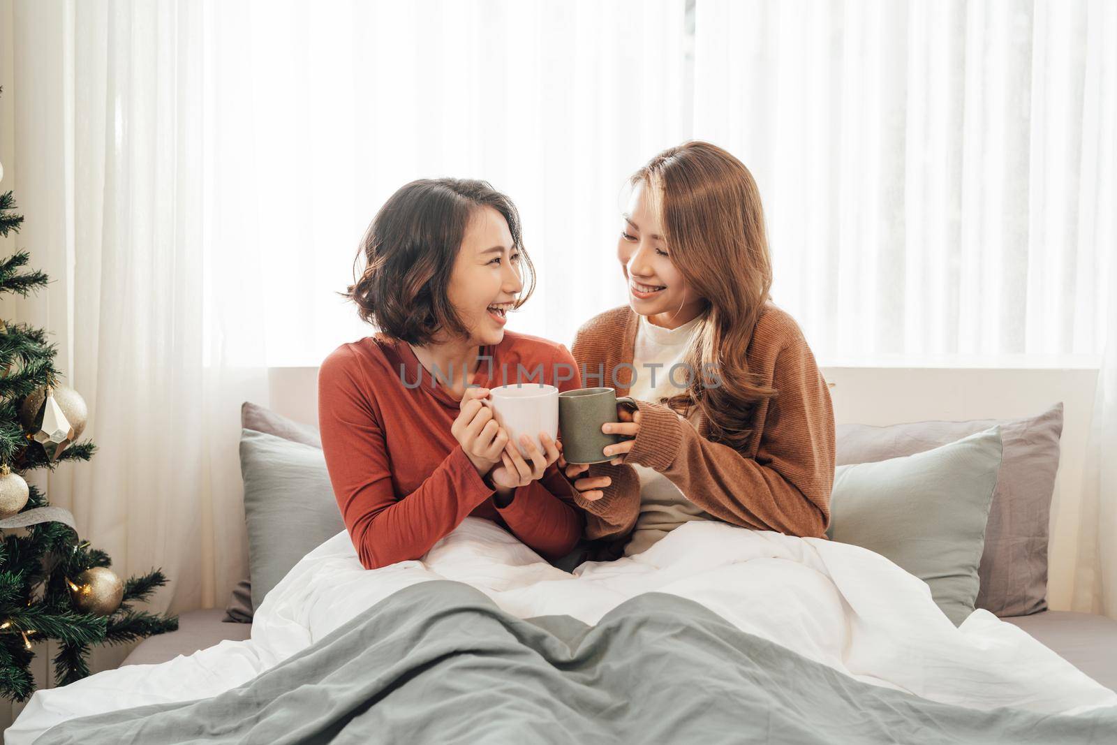 friendship concept - two beautiful women drinking coffee or tea at home