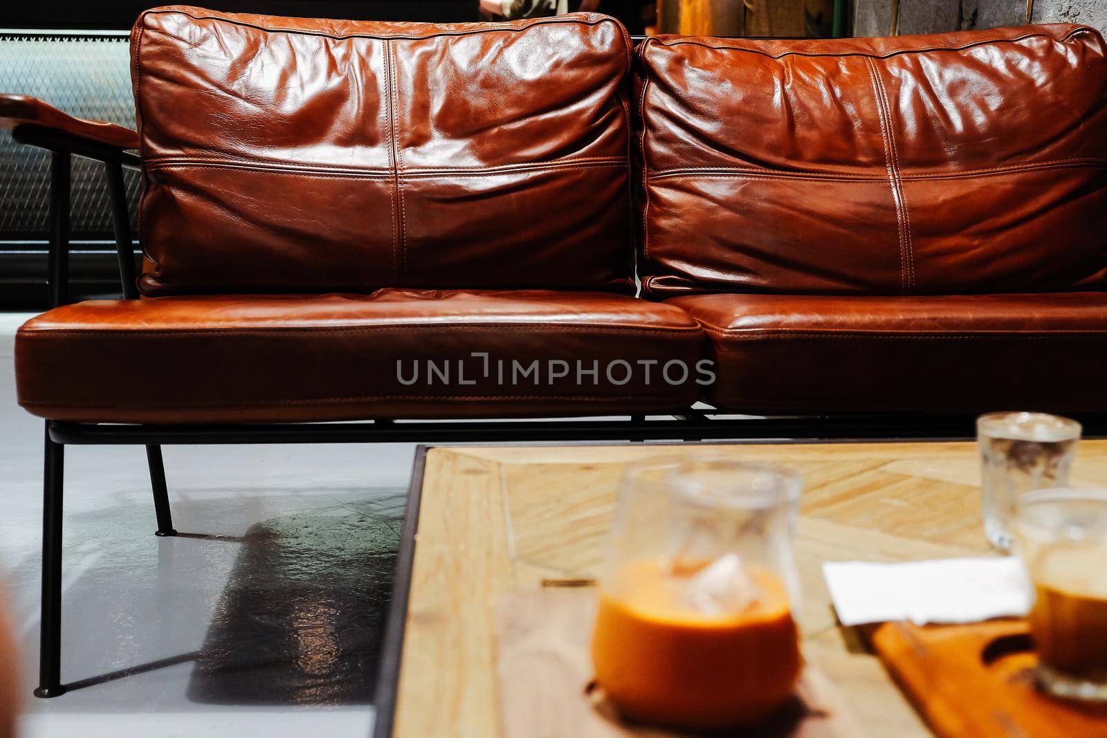 Close up detail of leather sofa. interior decor