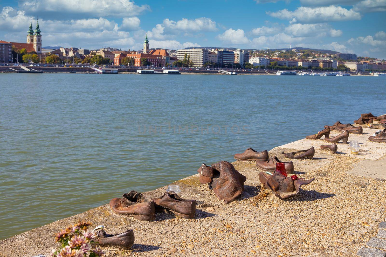 A view of the shoes on the bank of the Danube river in Budapest. A memorial in honour of Jews killed during WW2 by Digoarpi