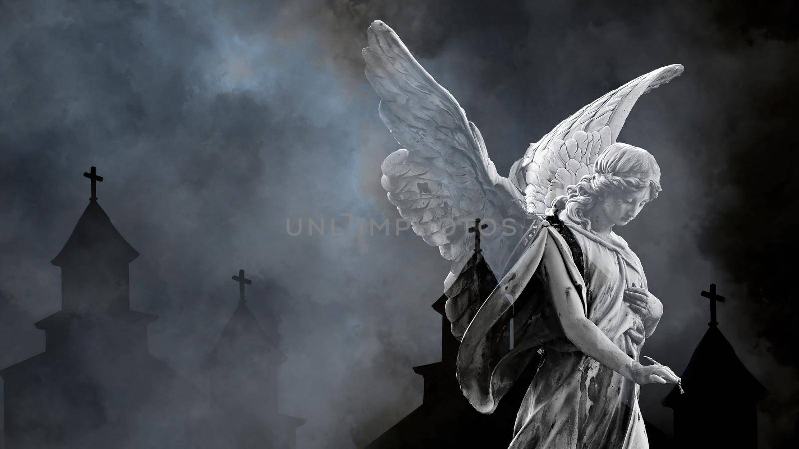 3d illustration - woman angel  with wings and old Churches silhouettes  in background by vitanovski