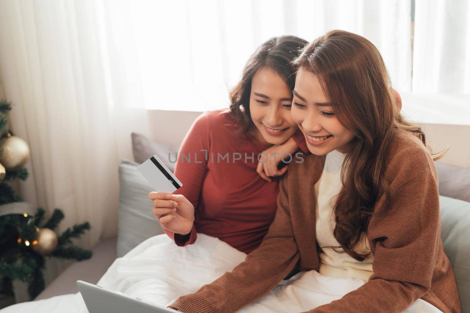 Two happy roommates buying together on line with credit card and a laptop sitting on a sofa at home with a homey background by makidotvn