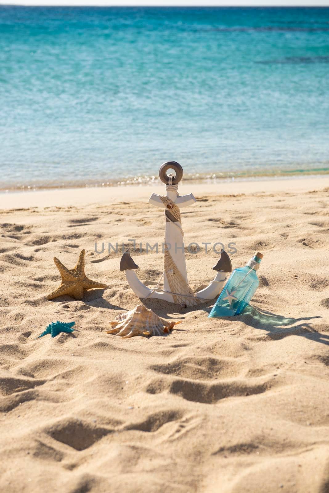 Closeup of still life objects decoration on tropical island sandy beach paradise with ocean in background