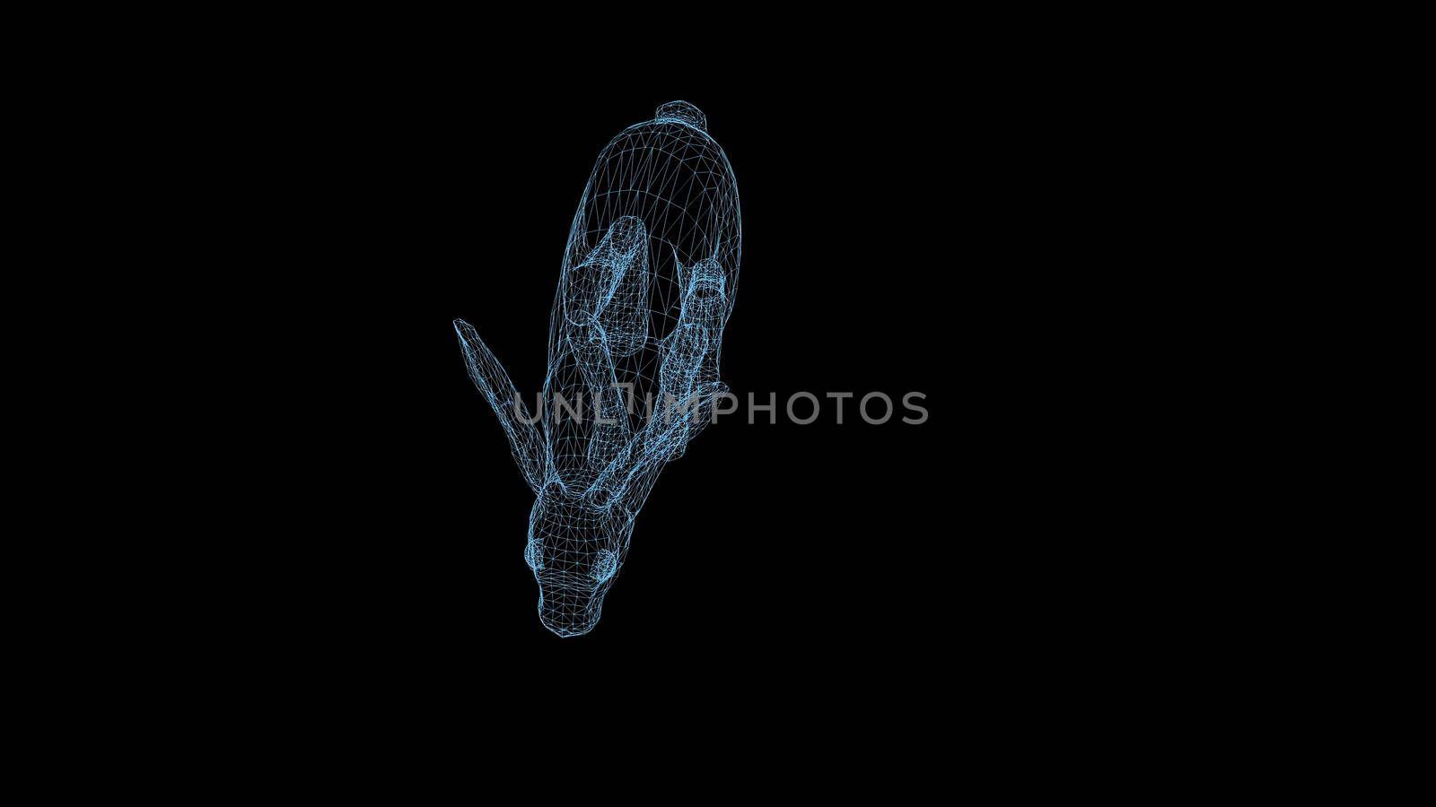 wire frame 3d illustration of rabbit running on black background