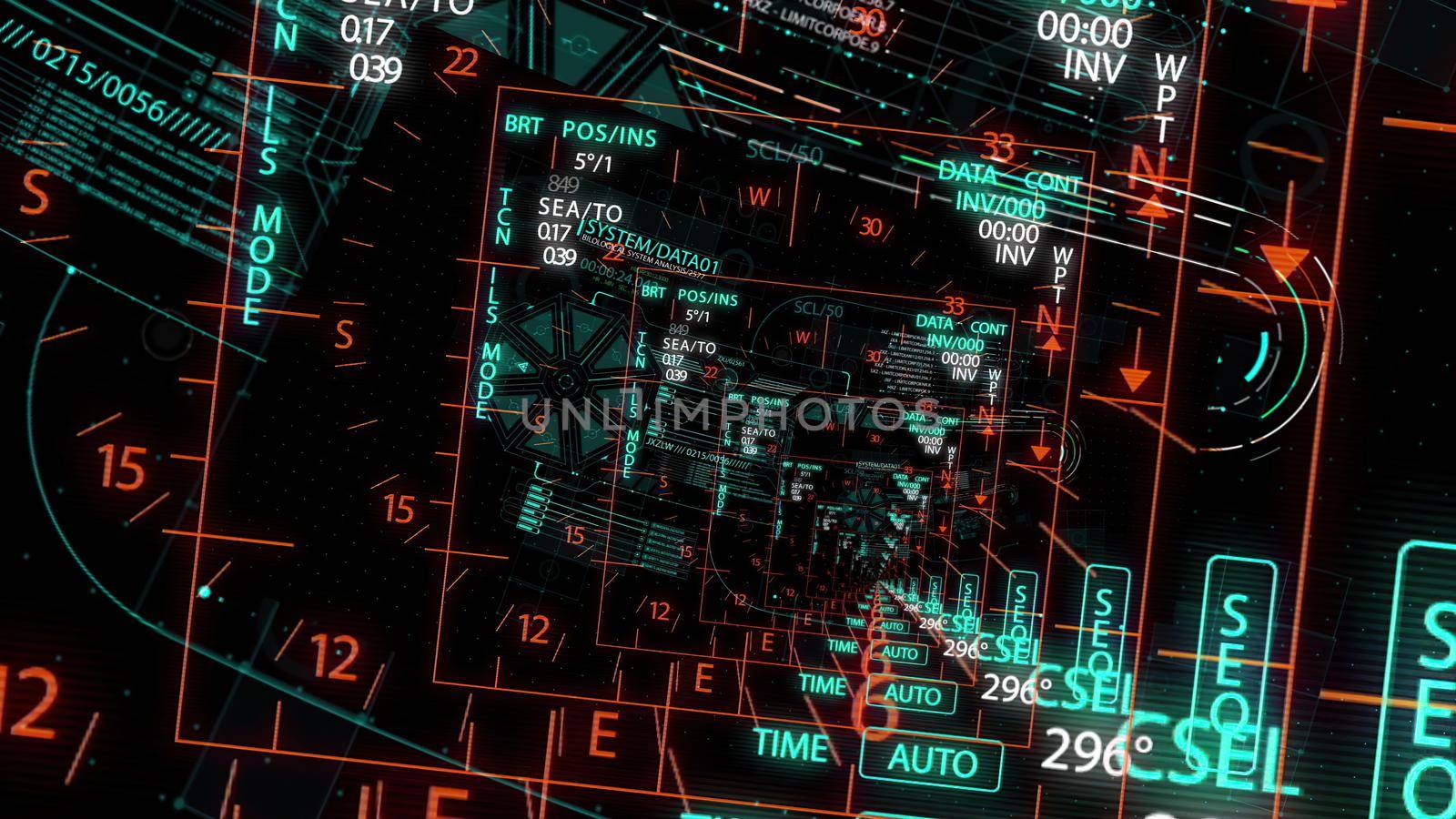 3d illustration - HUD zoom in.Flying through Futuristic technological interface.