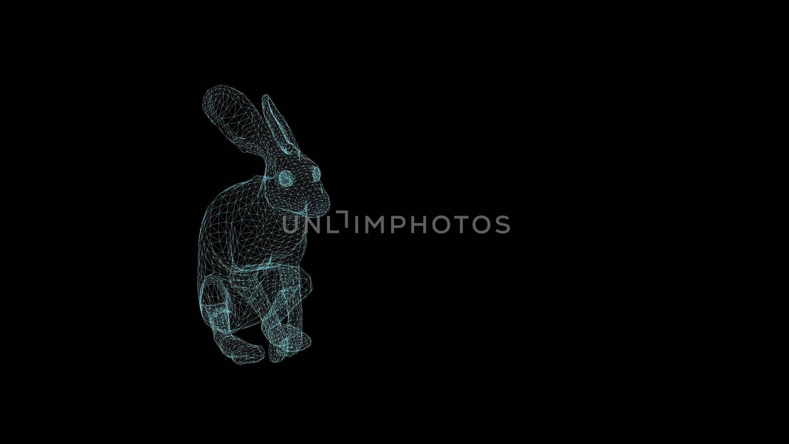 wire frame 3d illustration of rabbit running on black background