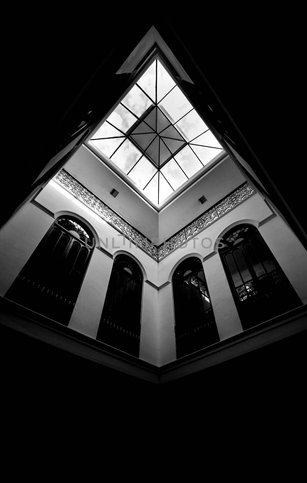 Novelda, Alicante, Spain- September 18, 2021: Beautiful courtyard with skylight of the Gomez-Tortosa Center modernist house in Novelda