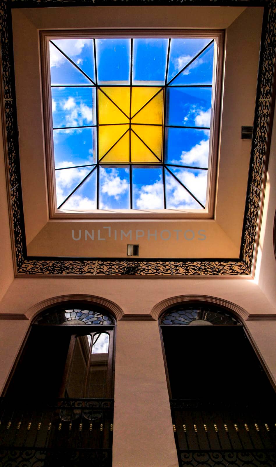 Novelda, Alicante, Spain- September 18, 2021: Beautiful courtyard with skylight of the Gomez-Tortosa Center modernist house in Novelda