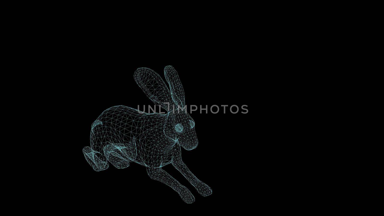 wire frame 3d illustration of rabbit running on black background by vitanovski